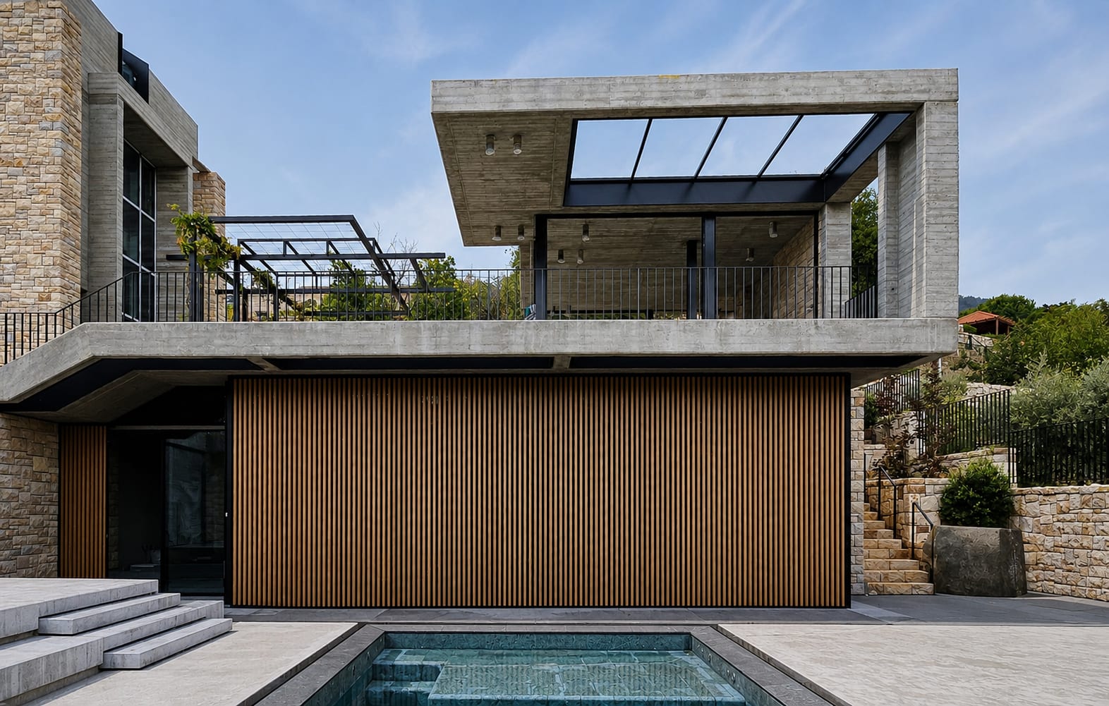 Full facade screen of fine vertical timber battens running below a concrete terrace edge